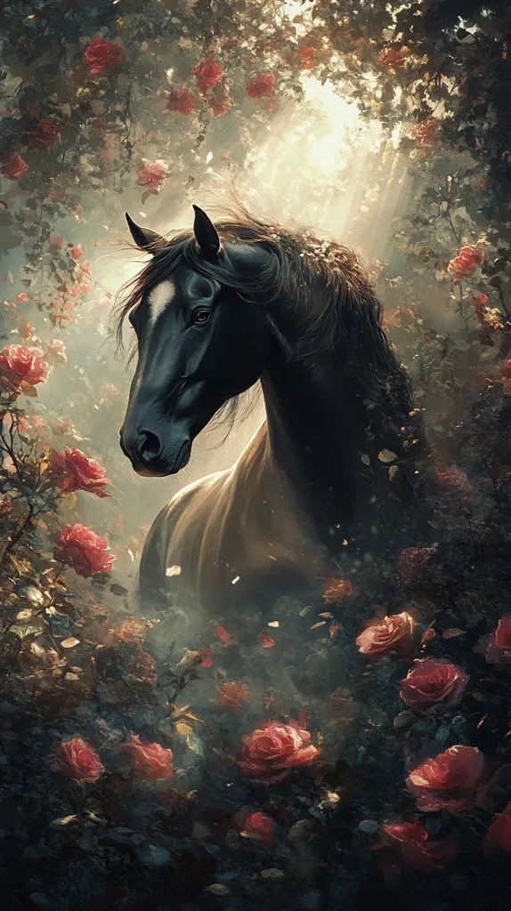 A majestic black horse with a flowing mane stands serenely amidst a lush garden of dark red roses. Sunlight filters through the leaves, illuminating the horse and creating a mystical atmosphere.  The image evokes a sense of fantasy and tranquility, with the horse appearing both powerful and peaceful within its floral surroundings.  Petals gently fall around it, adding to the dreamlike quality.