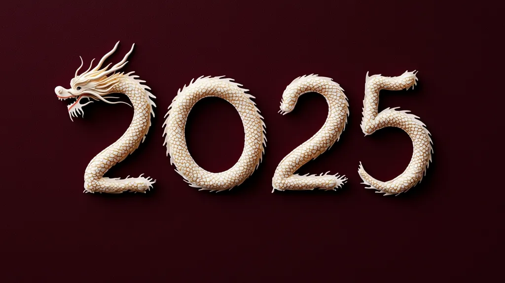 The year 2025 is depicted using a stylized white dragon.  Each numeral is formed by the dragon's body, creating a visually striking and unique representation of the upcoming year. The dragon's scales are subtly highlighted, and it's positioned against a deep maroon background, enhancing the overall aesthetic.  The image evokes a sense of celebration and the symbolism of the dragon in Chinese culture.