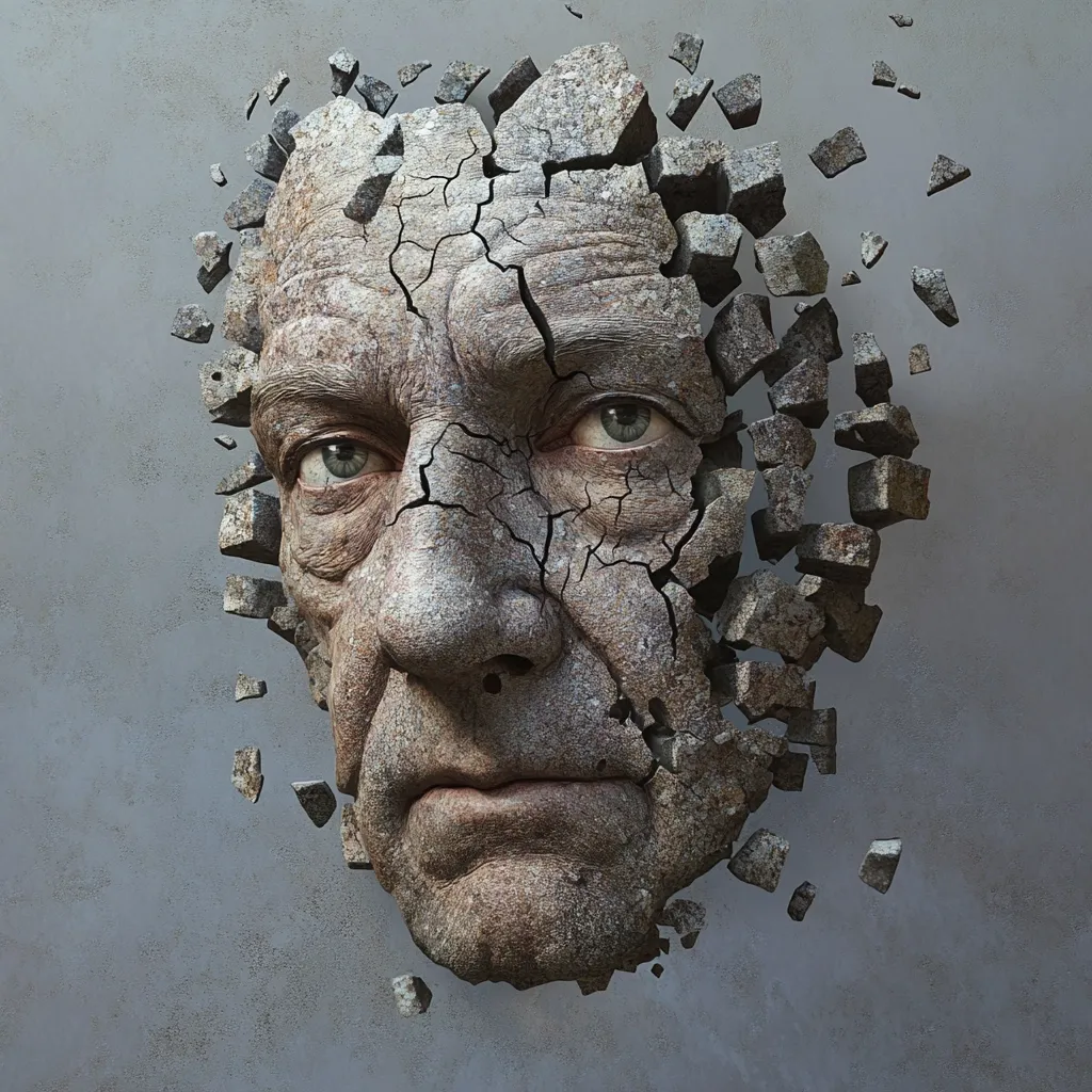 A 3D rendering depicts a weathered, aged man's face crumbling into stone fragments.  Deep cracks spiderweb across his features, symbolizing decay or disintegration.  The stone texture and fragmented form create a powerful image of mortality and the passage of time, emphasizing fragility and the breakdown of the human form.  The overall tone is somber and reflective.