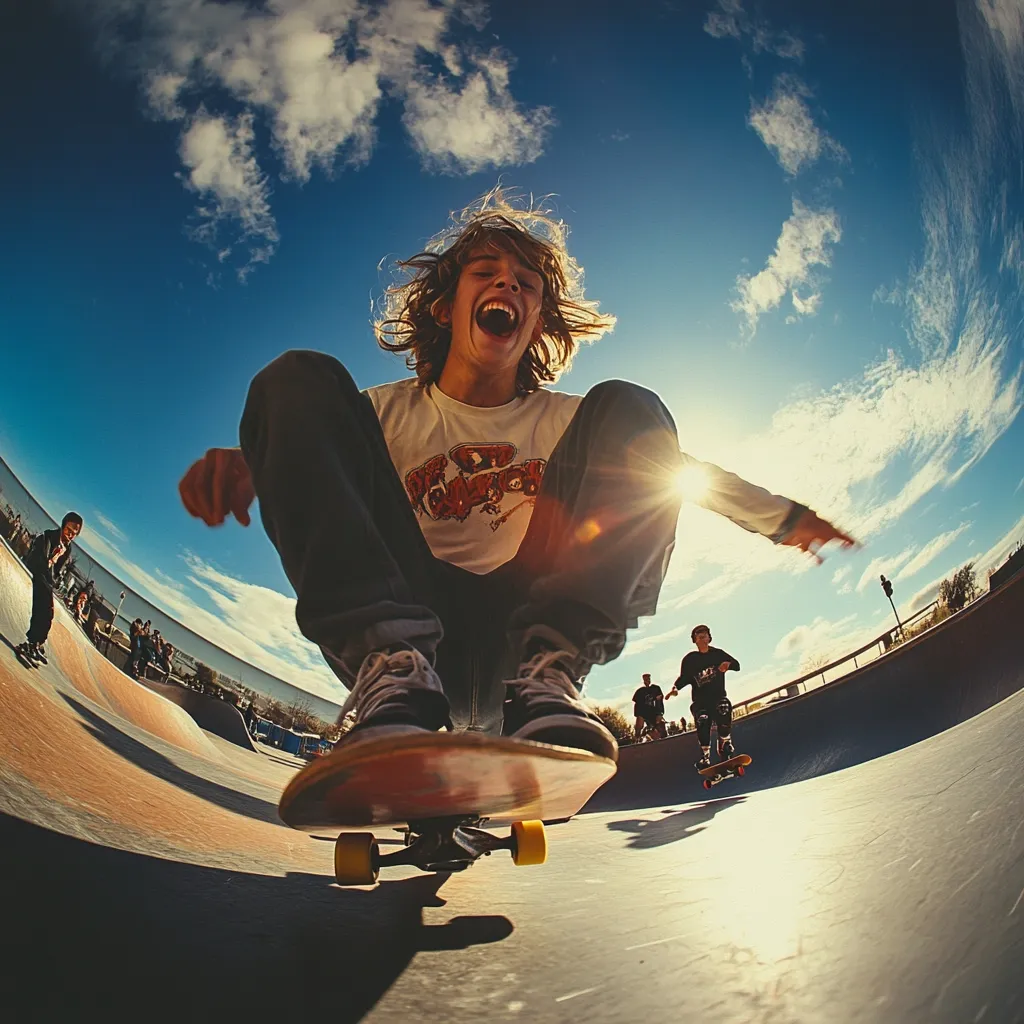 A young man with long hair screams with joy as he skates down a ramp at a skate park.  The sun shines brightly behind him, creating a lens flare. Other skaters are visible in the background, enjoying the sunny day. The fisheye lens perspective emphasizes the thrill of the moment and the curvature of the skate park.  The scene is vibrant and energetic, capturing the spirit of skateboarding.