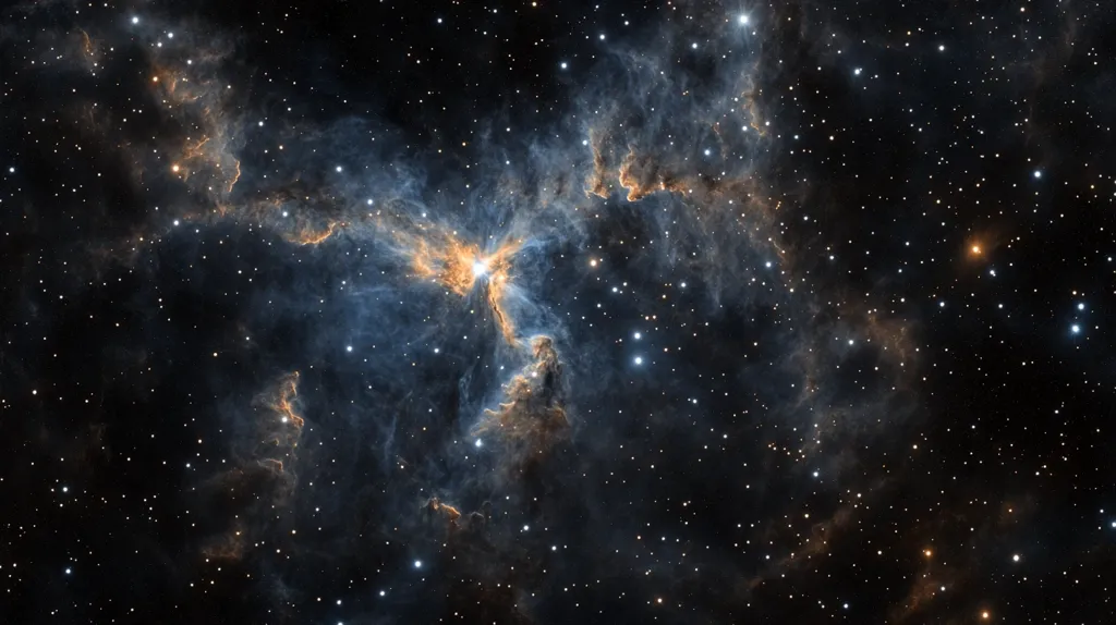 A stunning nebula, ablaze with vibrant blues, oranges, and yellows, is captured against a backdrop of countless stars.  Gaseous tendrils stretch and swirl, creating a dynamic, almost ethereal spectacle.  The central region glows intensely, suggesting a powerful energy source. The image showcases the immense scale and beauty of deep space.