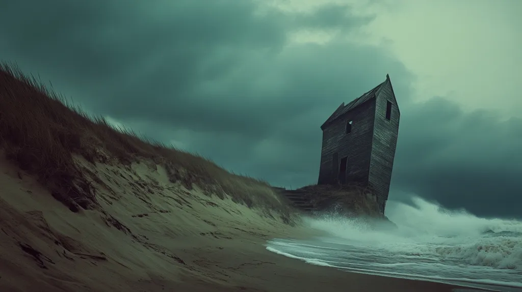 A weathered, dilapidated wooden house precariously clings to a sand dune overlooking a turbulent sea.  Dark, stormy clouds fill the sky above, mirroring the ominous mood. Waves crash against the shore, threatening to engulf the structure. The scene evokes a sense of isolation and impending doom.  The overall color palette is muted and melancholic.