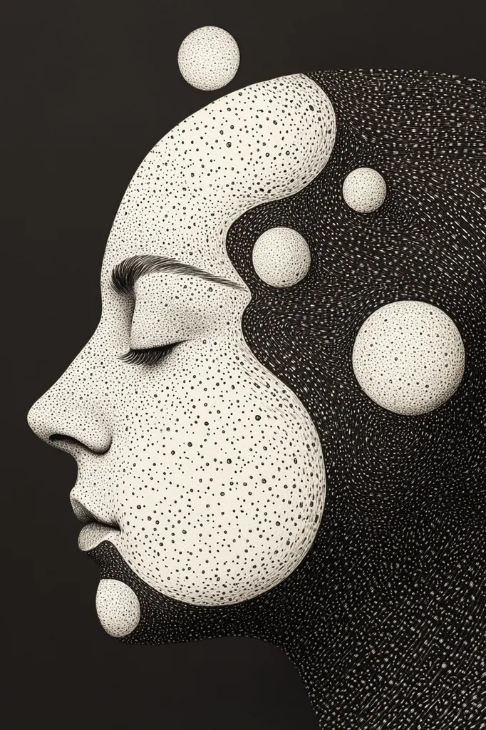 A black and white pointillist drawing depicts a woman's face in profile, eyes closed, serene. Her face and neck are textured with tiny dots, merging seamlessly with abstract, sphere-like forms that seem to float around her head and integrate with her face.  The overall effect is dreamlike and ethereal, contrasting the precise detail with a sense of fluidity and cosmic imagery.