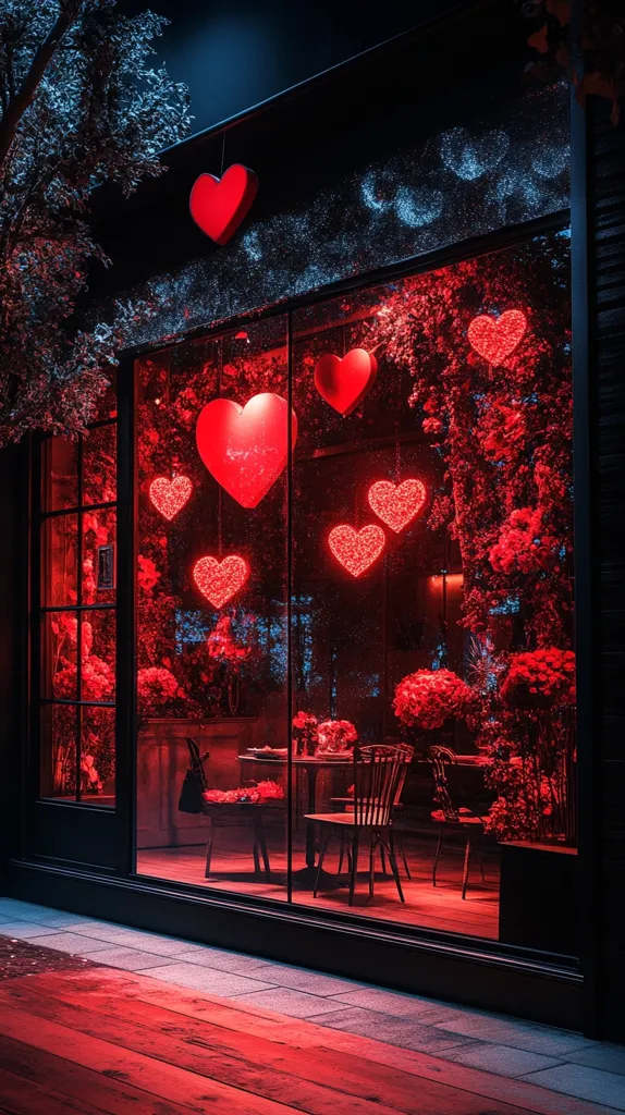 A romantic storefront at night is adorned with glowing red hearts of varying sizes.  Inside, a dimly lit dining area with wooden chairs and a table is visible, surrounded by lush red flowers.  The overall ambiance is dark, intimate, and intensely romantic, creating a captivating Valentine's Day or anniversary scene. The red lighting casts a warm glow on the exterior pavement.