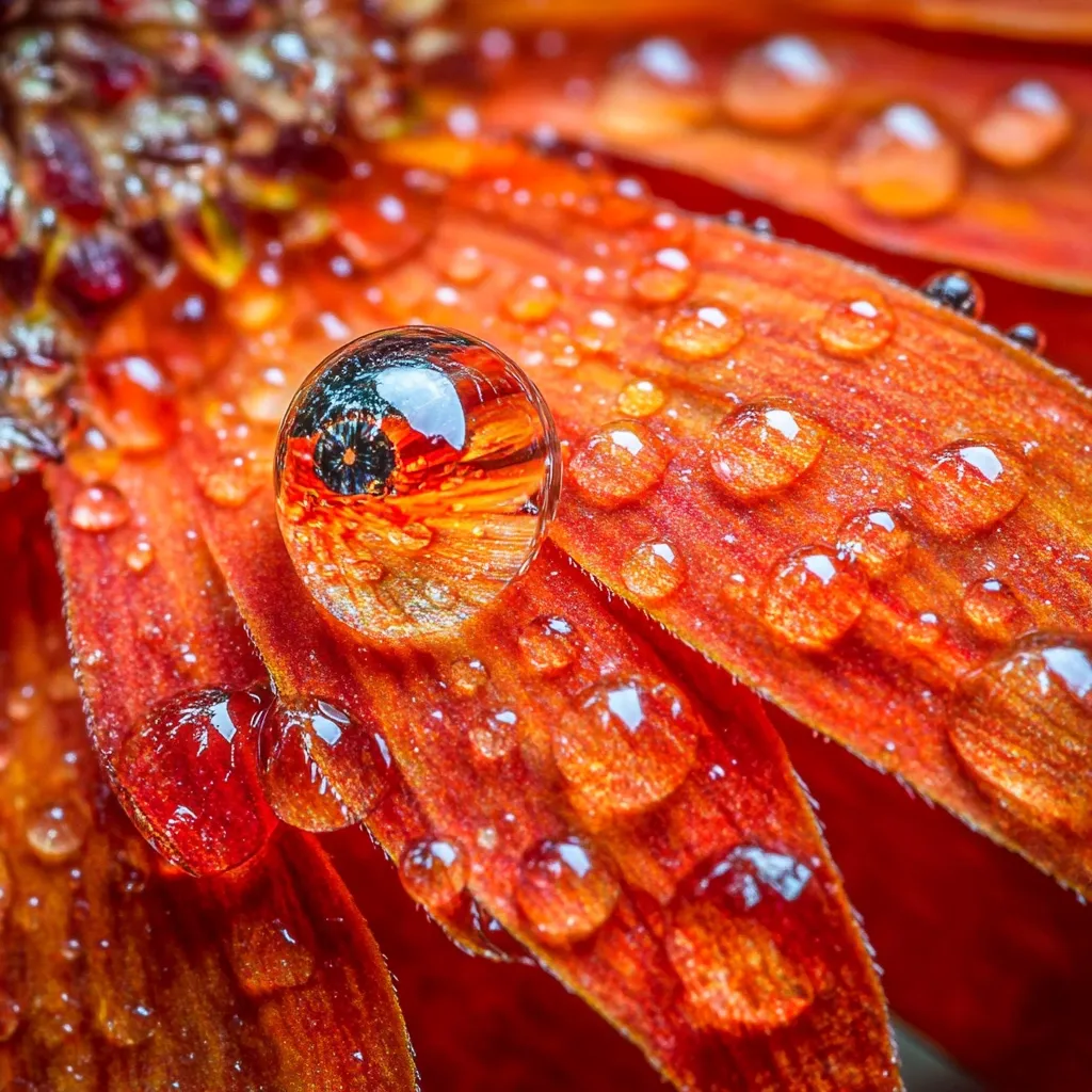 A large dewdrop rests on a vibrant orange flower petal, reflecting the flower's intricate details.  Numerous smaller droplets cover the petal's surface, creating a glistening, textured effect. The colors are rich and saturated, highlighting the beauty of nature's details.  The close-up perspective emphasizes the water's clarity and the petal's delicate texture.