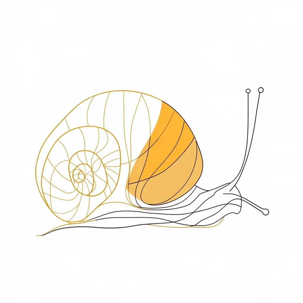 A stylized line drawing of a snail is depicted. The shell is primarily white with golden lines illustrating its spiral structure. A portion of the shell is filled with a warm orange hue.  The snail's body and antennae are rendered in black lines, creating a minimalist yet visually engaging image. The overall aesthetic is clean and modern.