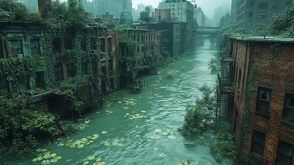A flooded urban canal winds through a city overtaken by nature.  Overgrown brick buildings line the murky, green water, their facades draped in vines and foliage.  Lily pads float on the surface, hinting at a long period of abandonment.  The scene evokes a post-apocalyptic or dystopian atmosphere, a testament to nature's reclamation of urban space.  Rain falls, adding to the desolate mood.
