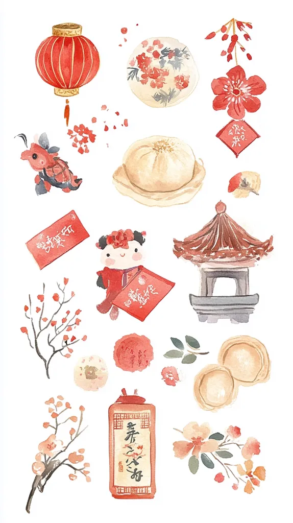A watercolor illustration of various Chinese New Year elements.  Included are a red lantern, floral motifs, steamed buns,  a child in traditional clothing, red envelopes (hongbao), a pagoda, and blossoming branches. The delicate watercolor style gives a soft, festive feel, perfect for cards or decorations celebrating the Lunar New Year.  The overall palette is soft reds and creams.