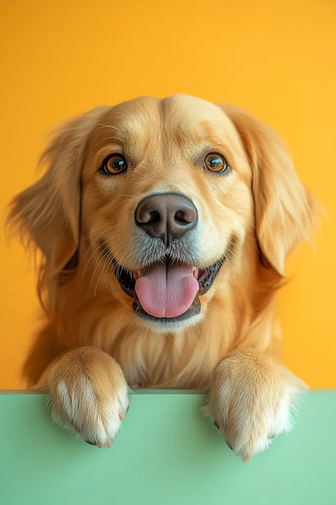 A Golden Retriever dog with a happy expression rests its paws on a pale green surface.  Its tongue hangs out, and its large, expressive brown eyes gaze directly at the camera. The dog's fur is a light golden color, and the background is a vibrant orange. The overall image is cheerful and playful.