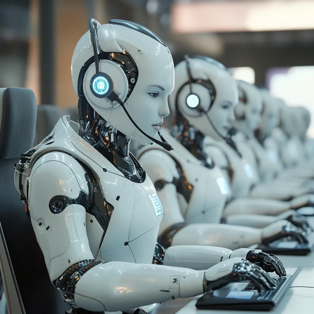 A row of humanoid robots, wearing headsets, sit at workstations, their hands poised over keyboards.  They are uniformly designed in white and black, appearing sleek and efficient.  The robots' expressions are neutral, suggesting a focus on task completion.  The image conveys a futuristic concept of automated customer service or data processing.  The setting is a modern, industrial-style workspace.