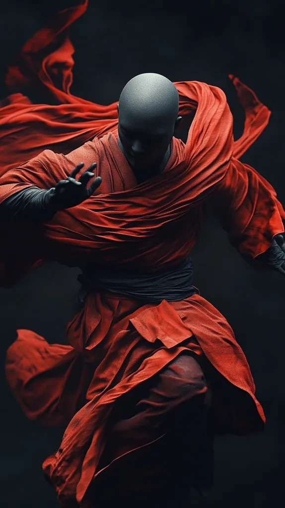 A bald figure, seemingly a monk, is depicted in dynamic motion.  Clad in a vibrant red robe that flows dramatically around them, the figure's pose suggests swift movement or martial arts. The dark background emphasizes the redness of the garment and the figure's intense focus.  The image evokes a sense of power and mystery, possibly referencing Eastern spiritual or warrior traditions.