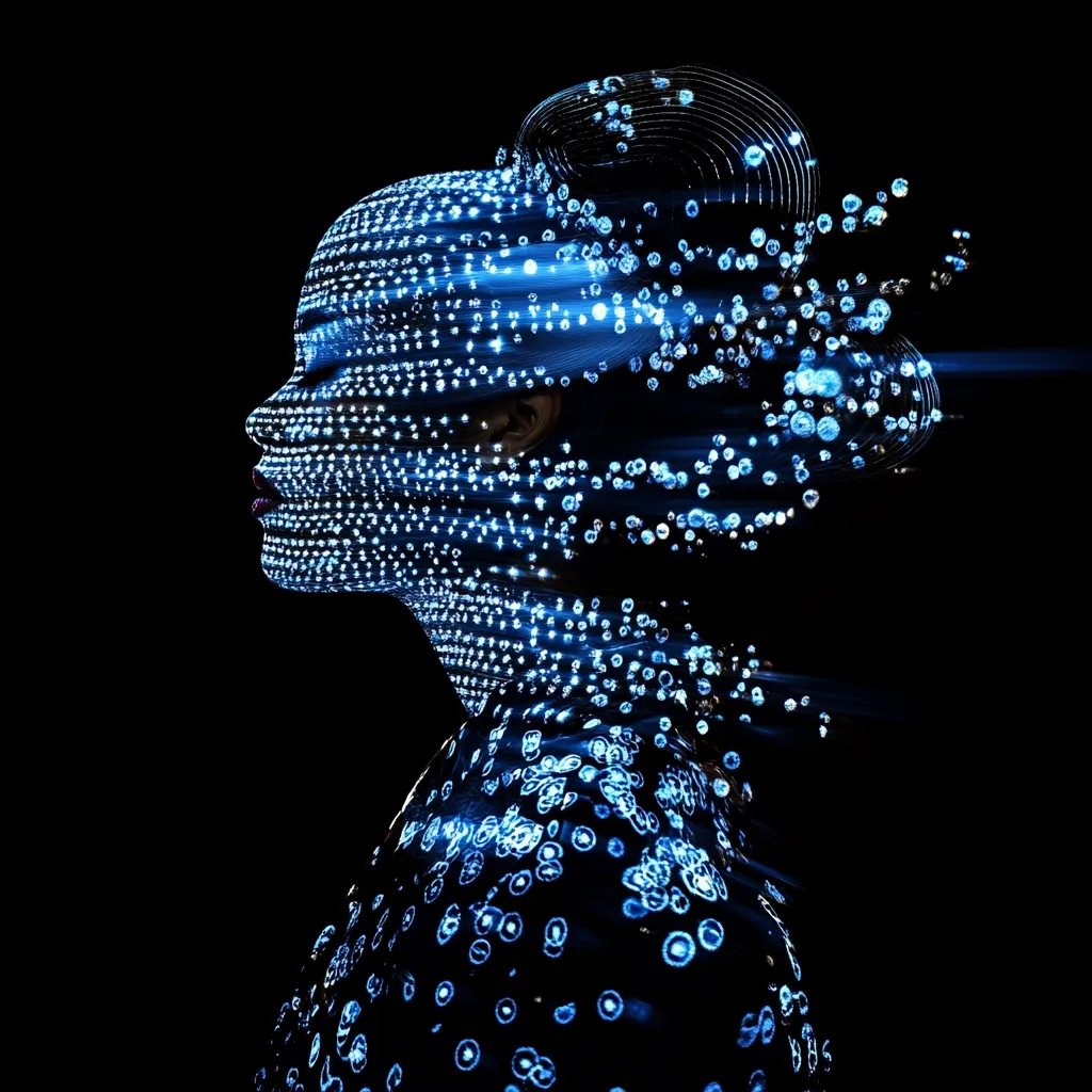 A profile view of a woman's face and upper body, seemingly composed of countless glowing blue dots, against a black background.  The dots form a shimmering, ethereal effect, suggesting movement and data streams.  The overall impression is one of futuristic technology and digital artistry, with the woman appearing as a living embodiment of light and information.