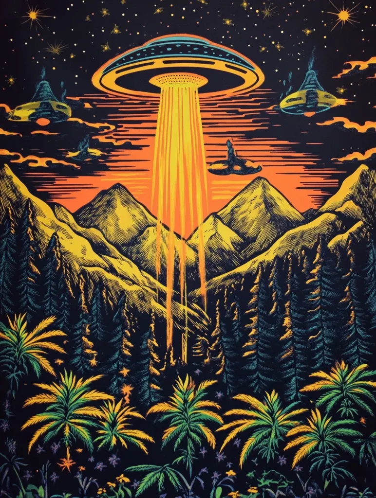 A vibrant psychedelic artwork depicts a large UFO emitting a radiant beam of light over a mountainous landscape.  Smaller UFOs are visible in the sky, set against a backdrop of stars and an orange sunset. Lush tropical foliage fills the foreground, creating a surreal and otherworldly scene.  The style is reminiscent of vintage posters or tapestries, with bold outlines and color contrasts.