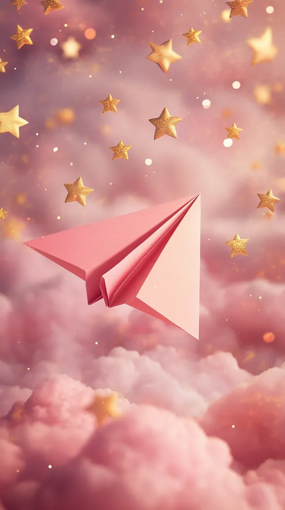 A pink paper airplane soars through a dreamy, pink-hued sky filled with fluffy clouds and glittering gold stars.  The scene is soft, ethereal, and evokes a sense of wonder and gentle flight.  The pastel colors and sparkling details create a magical, whimsical atmosphere.