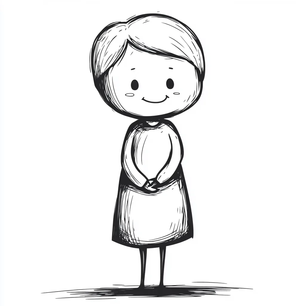 A simple line drawing depicts a happy child, possibly a girl.  The child has short hair, a simple dress, and is standing with hands clasped in front. The style is childlike and somewhat sketchy, with expressive, slightly oversized eyes and a pleasant smile. The image is black and white, suggesting a sense of innocence and calm.