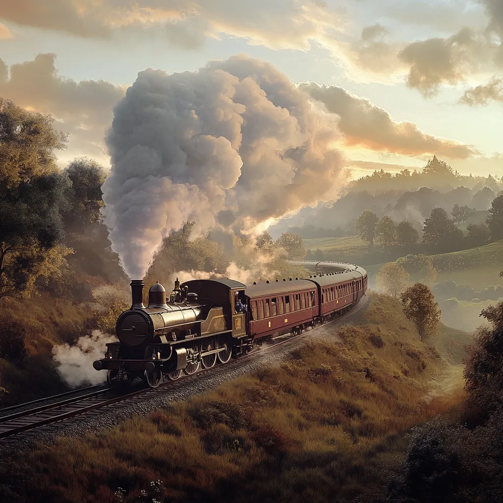 A vintage steam train, billowing dark smoke, curves through a sun-drenched landscape.  Rolling hills, dotted with trees, recede into a misty distance under a partly cloudy sky.  The train's dark carriages contrast with the warm tones of the setting sun, creating a nostalgic and picturesque scene.  The tracks wind alongside a grassy hillside, enhancing the romantic atmosphere of the image.