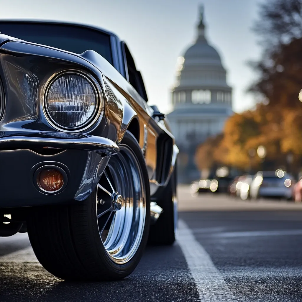 A classic dark-grey Ford Mustang Shelby GT500 is parked on a city street. The car is in sharp focus, highlighting its details, while the US Capitol building in the background is softly blurred, creating a sense of depth. Autumnal trees line the street, adding a seasonal touch to the urban setting.  The image emphasizes the car's powerful presence and timeless design.