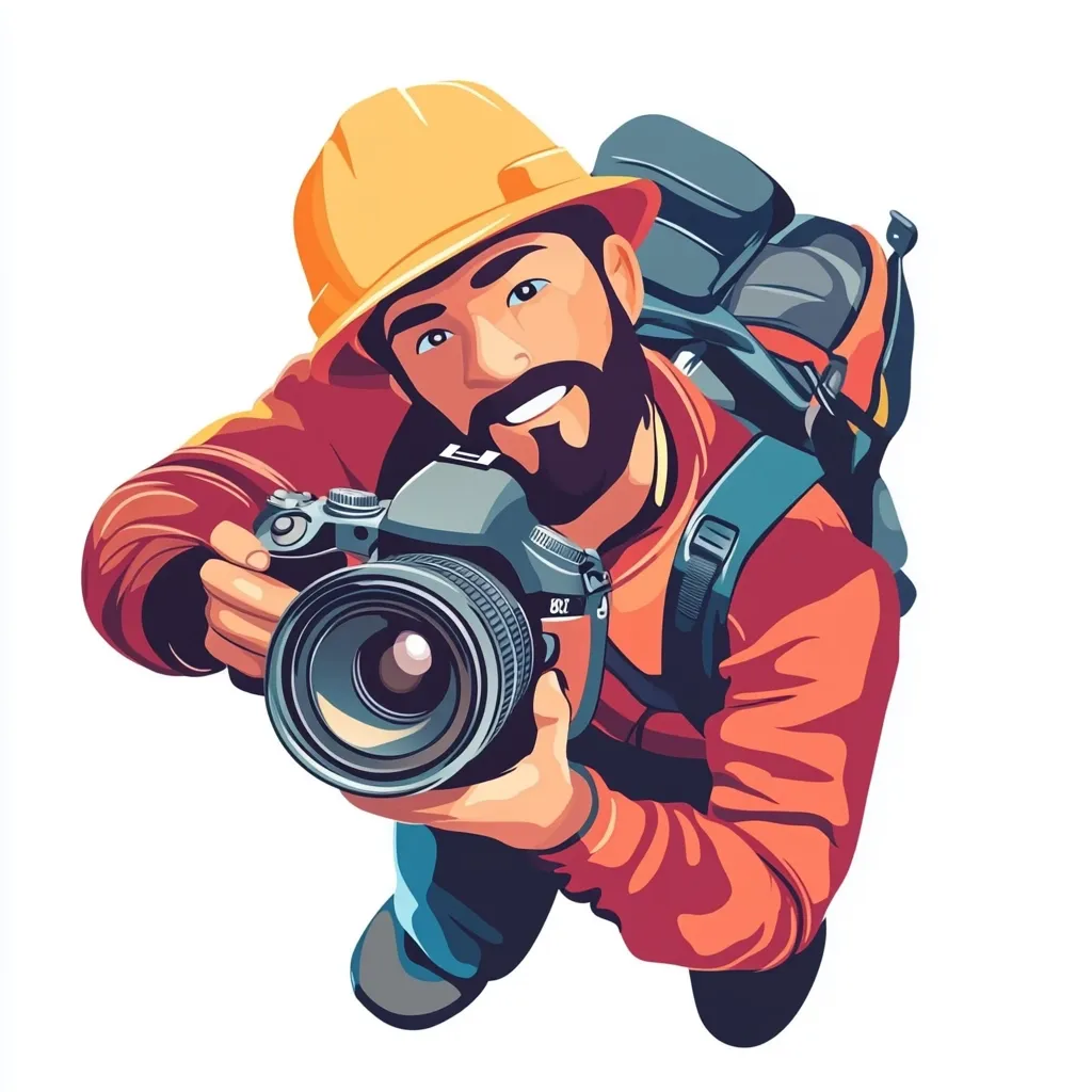 A bearded man, wearing a yellow hard hat and orange jacket, is captured from a high-angle perspective. He's carrying a large backpack and holding a professional DSLR camera, focused intently on his subject.  His expression is one of cheerful concentration, suggesting he's actively engaged in photography, likely in an outdoor or adventurous setting. The vibrant colors and stylized illustration emphasize action and enthusiasm.