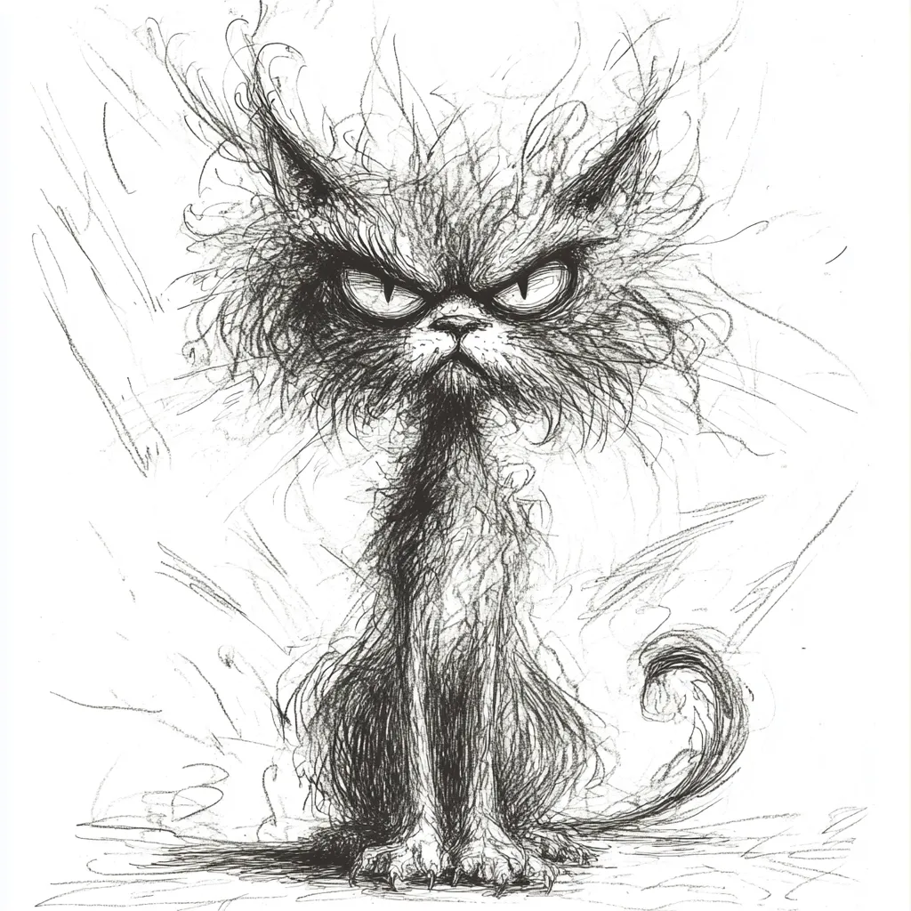 A monochrome sketch depicts a grumpy, long-haired cat sitting with a scowling expression.  Its fur is wildly textured, creating a chaotic and unkempt appearance. The cat's intense gaze and aggressive posture convey a sense of displeasure. The artist's style is expressive and uses shading to emphasize texture and mood.  The background is filled with loose, sketchy lines that enhance the overall feeling of disorder.