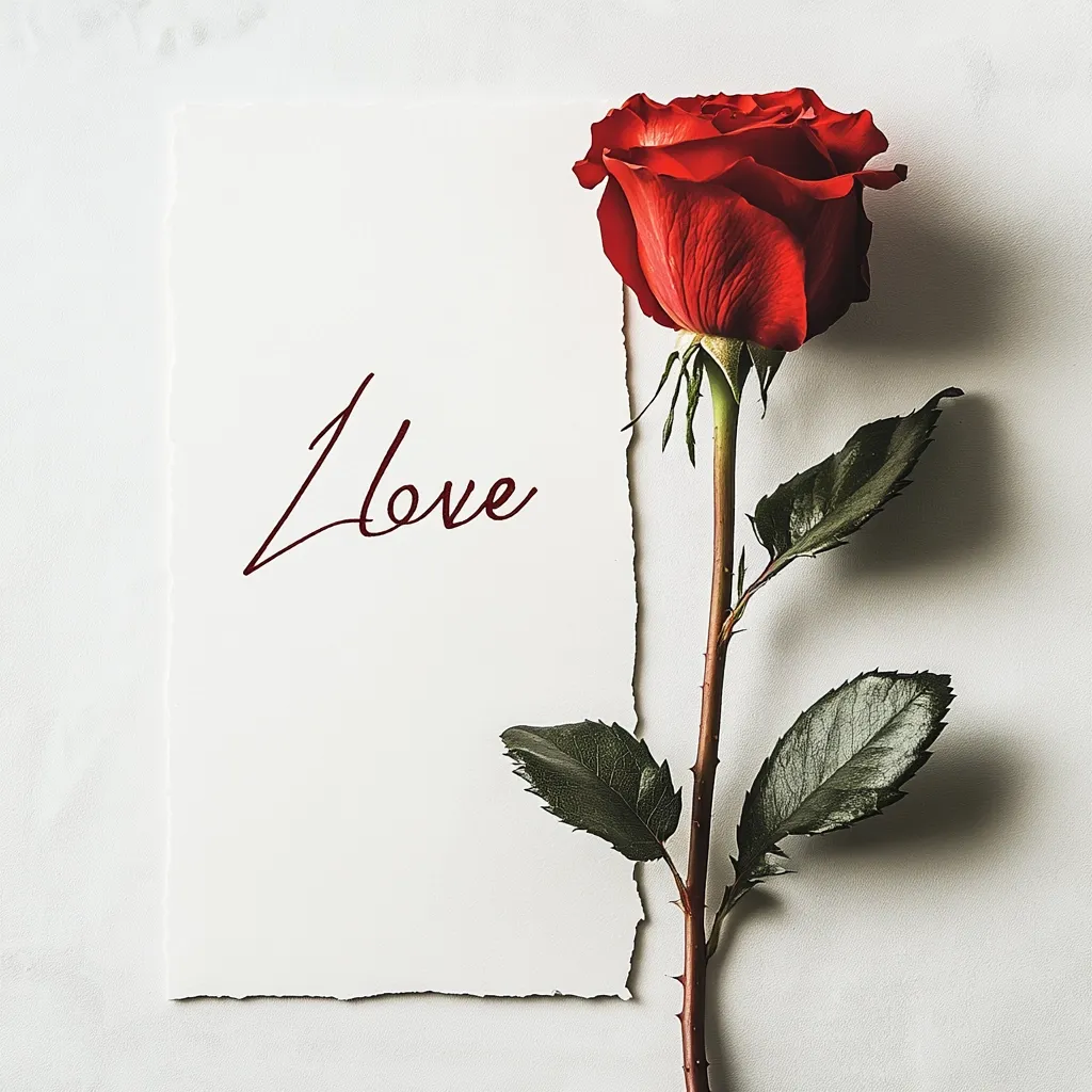 A single, vibrant red rose rests beside a piece of torn white paper.  The word "Love" is elegantly scripted in maroon ink on the paper.  The image evokes feelings of romance and affection, creating a simple yet powerful visual representation of love. The neutral background highlights the rose and the message.