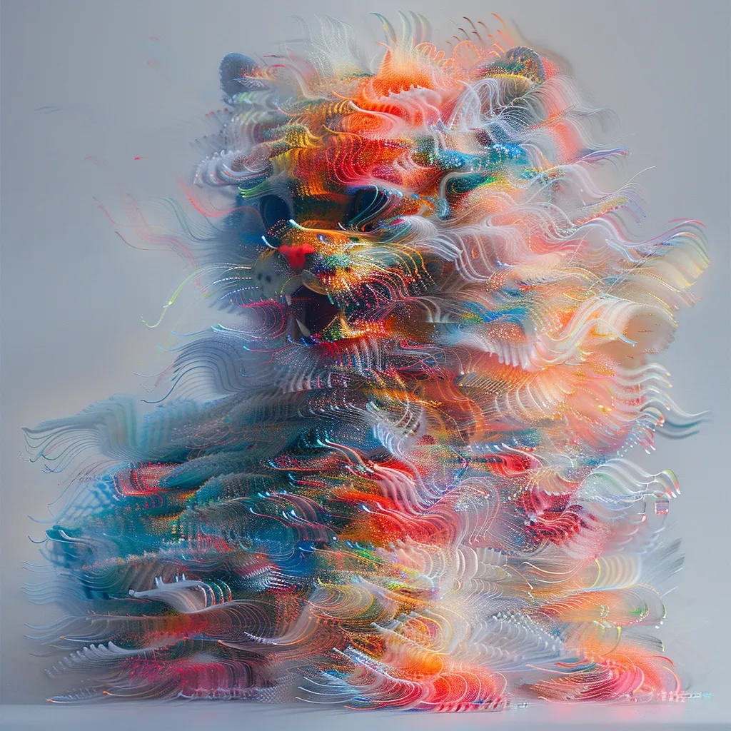 A vibrant, abstract digital painting depicts a cat-like creature.  Its fur is rendered as swirling, iridescent strands of color, predominantly oranges, blues, and whites.  The creature's form is suggested through the flow of these strands, creating a sense of movement and energy.  The overall effect is a dreamlike, almost ethereal representation of a feline.