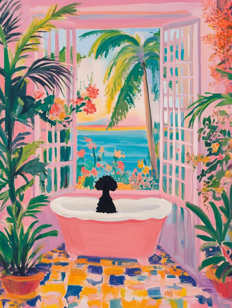 A vibrant painting depicts a pink bathroom with French doors opening to a tropical ocean view.  Lush palm trees and colorful flowers frame the scene.  A black poodle sits serenely in a pink bathtub. The tiled floor adds to the cheerful, whimsical ambiance of the artwork, evoking a sense of carefree luxury.