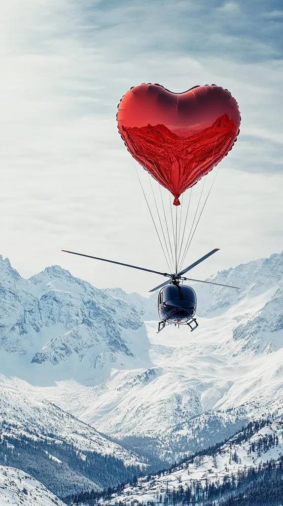 A large red heart-shaped balloon is attached to a black helicopter flying over a snow-capped mountain range. The scene is serene and romantic, suggesting a unique and memorable experience.  The helicopter appears to be carrying the balloon, creating a striking visual contrast against the winter landscape. The image evokes feelings of love, adventure, and breathtaking scenery.