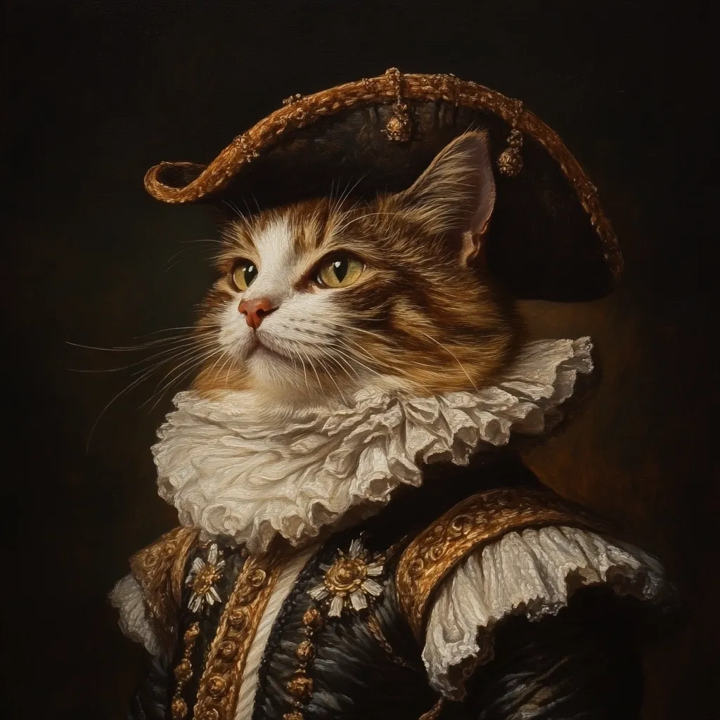 A regal-looking cat is depicted in a Baroque-style painting.  The cat, with long brown and white fur, wears a wide, dark hat, a ruffled white collar, and an ornate dark jacket with gold embellishments.  The portrait is painted in a dark, rich palette, giving it a classic and sophisticated feel.  The cat's expression is one of dignified composure.
