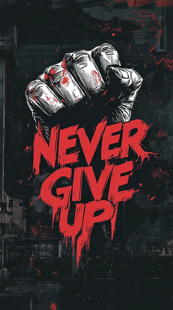 A powerful image features a clenched fist, rendered in stark black and white, with splashes of red suggesting blood or paint.  The words "NEVER GIVE UP" are boldly displayed in large, red stylized lettering, dripping down from the fist. The background is a dark, grunge-style texture resembling a brick wall, adding to the gritty, determined mood of the piece. The overall effect is motivational and impactful.