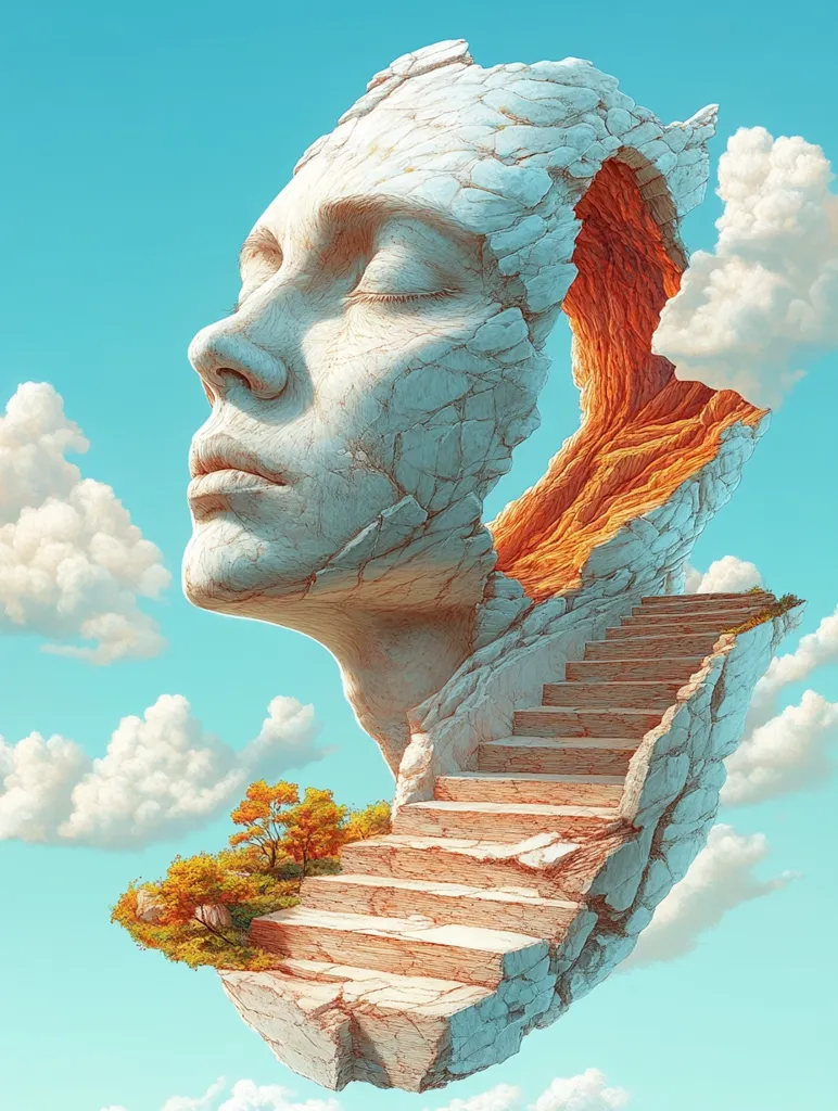 A surreal digital artwork depicts a serene stone face, partially eroded, forming a cliffside with a staircase ascending into a vibrant, orange-hued cave.  The face is peaceful, eyes closed, floating amidst fluffy white clouds against a bright blue sky.  A small patch of autumnal trees adds a touch of earthly detail to the fantastical scene. The overall impression is one of tranquility and a journey towards the unknown.