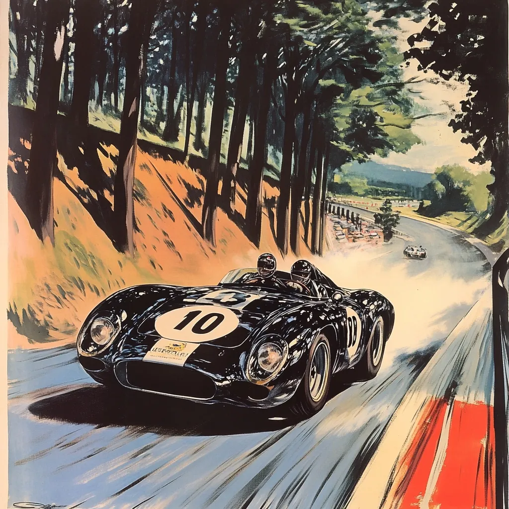 A vibrant vintage poster depicts a black racing car, number 10, speeding through a wooded race track.  Two drivers are visible inside. The car is dynamic, blurred by motion.  Other racers are visible in the distance, suggesting a competitive race. The style is evocative of mid-20th-century motorsports artwork, capturing the thrill of speed and competition. The lush greens and browns of the forest contrast sharply with the black car.