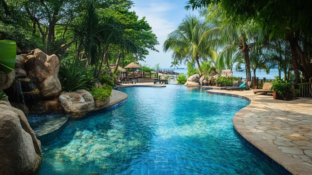 A luxurious resort pool curves gracefully through a lush tropical landscape.  The turquoise water sparkles under a bright blue sky.  Palm trees and verdant foliage surround the pool, which features a small waterfall cascading from rocks.  Lounge chairs offer relaxation by the water's edge, providing a tranquil oasis with a stunning ocean view in the distance.