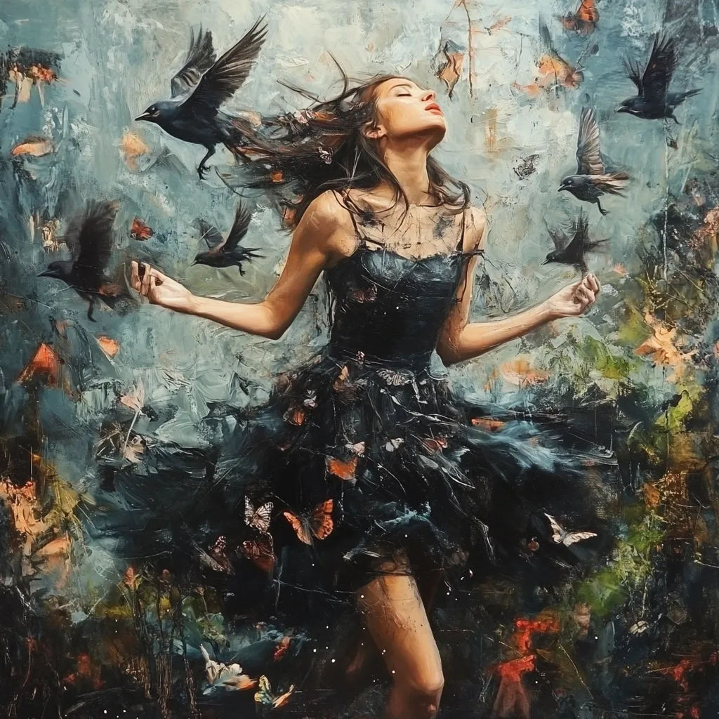 A woman in a flowing black dress is depicted amidst a flurry of birds and butterflies. Her hair streams behind her as she stands with arms outstretched, her head tilted back, suggesting a feeling of freedom or transcendence.  The painting’s style is expressive and textured, blending realistic figures with a dreamlike, almost surreal, background.  Dark tones and a sense of movement dominate the composition.