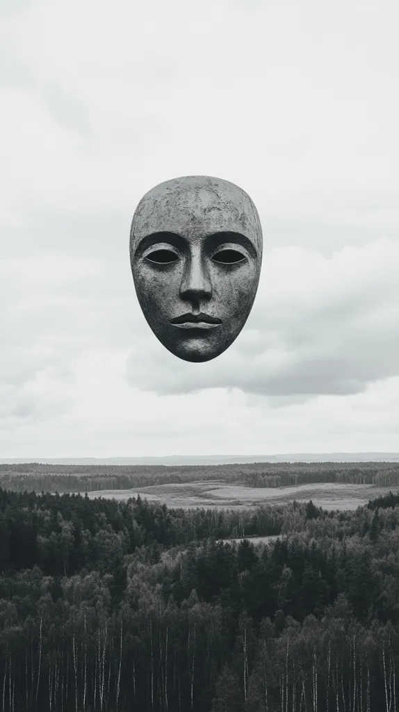 A grayscale image depicts a stone mask floating in the sky above a vast, tranquil forest. The mask, with its neutral expression and weathered texture, appears ancient and enigmatic.  The contrast between the smooth, featureless sky and the dense, textured forest below emphasizes the mask's isolation. The overall mood is serene yet mysterious.