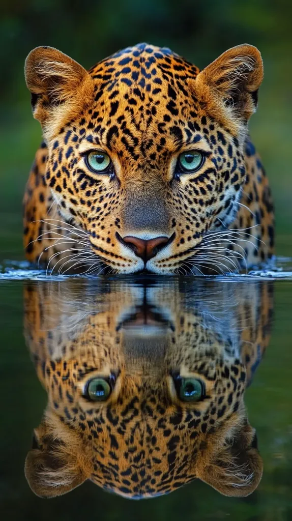 A leopard with striking green eyes stares intensely at the viewer from the surface of a calm body of water. Its reflection is perfectly mirrored below, creating a captivating symmetrical image. The big cat's fur is a rich blend of orange, black, and tan, showcasing its distinctive rosette pattern. The dark background accentuates the leopard's vibrant colors and piercing gaze.