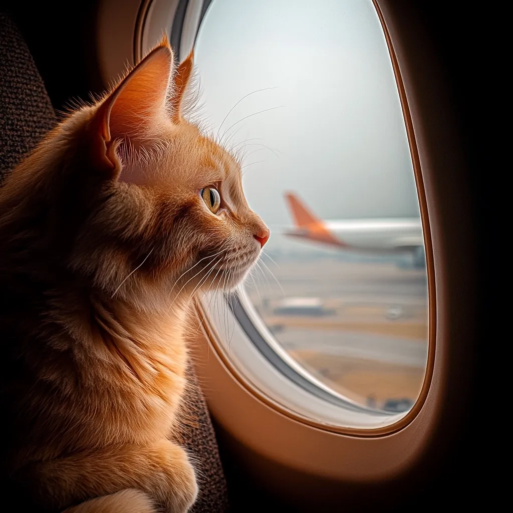 A ginger cat sits by an airplane window, gazing out at the airport tarmac and a partially visible airplane.  The cat's profile is sharply in focus, its fur a warm orange-brown.  The out-of-focus background suggests an airport scene, creating a juxtaposition of domestic tranquility and the bustling environment of air travel. The cat appears calm and observant.