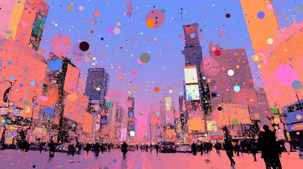 A vibrant, stylized depiction of Times Square, New York City.  The image is awash in pastel pinks, oranges, and blues, with a profusion of colorful dots and splashes overlaying the cityscape.  Buildings are rendered in blocky forms, while figures in the street are silhouetted, suggesting a bustling atmosphere. The overall effect is energetic and celebratory, evoking a feeling of movement and festivity.