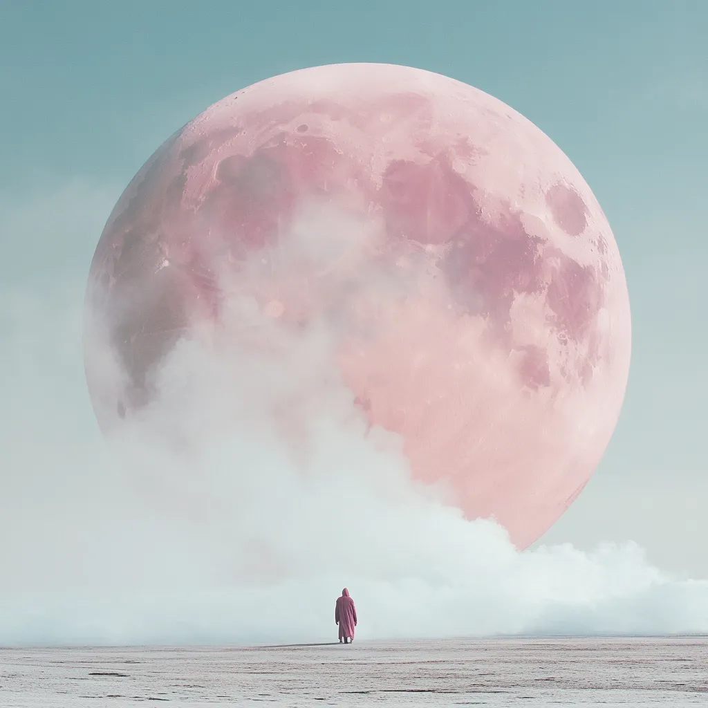 A lone figure in a long, reddish robe stands on a flat, white expanse.  A colossal, pale pink moon, partially obscured by mist, dominates the sky. The scene evokes a sense of solitude and awe, with the vast scale of the moon emphasizing the smallness of the human figure. The soft pastel colors and hazy atmosphere contribute to the dreamlike, surreal quality of the image.