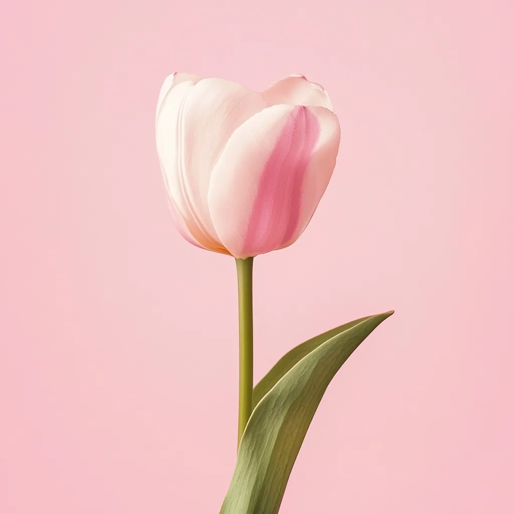 A single, delicate pink and white tulip stands tall against a soft pink background.  The tulip's petals are softly blushed, displaying a gentle gradient of color.  A single, elegant leaf extends gracefully from the stem, enhancing the flower's serene beauty. The image is simple, yet evokes feelings of gentleness and grace.