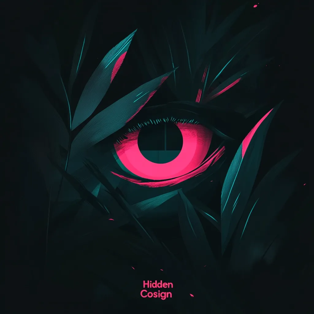 A stylized eye with a vibrant pink iris is partially concealed by dark teal leaves. The overall color palette is dark and moody, creating a mysterious atmosphere. The text "Hidden Cosign" is subtly placed at the bottom, suggesting a hidden message or secret. The image's artistic style is digital, with strong lines and bold colors.  The contrast between the bright eye and the shadowy foliage is striking.