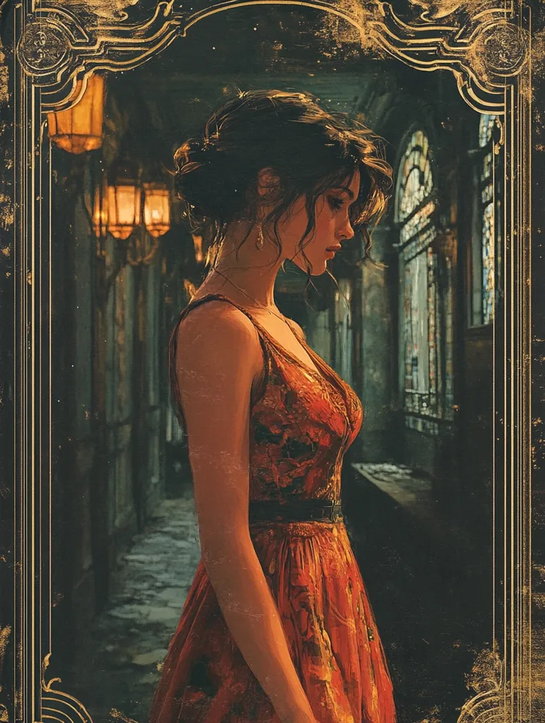 A painting depicts a young woman in a red floral dress, standing in a dimly lit hallway. Her dark hair is styled up, and she wears small earrings.  The hallway features antique wall sconces and a stained-glass window. The image is framed with an ornate gold border, giving it a vintage or antique aesthetic. The overall mood is melancholic and mysterious.
