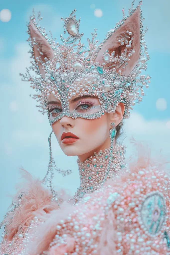 A model wears an elaborate, whimsical headpiece and mask.  The design features delicate pink faux fur ears, intricate silver and pearl embellishments, and light teal accents.  The mask partially obscures her face, enhancing a dreamy, ethereal quality.  Her attire is equally ornate, continuing the pearl and feather motif in a luxurious, pastel pink ensemble.  The overall effect is a breathtakingly beautiful and fantastical look.