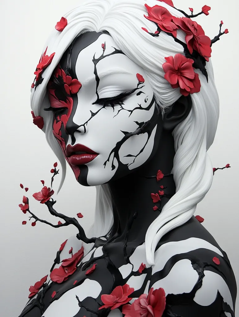 A bust sculpture of a woman with long white hair adorned with red cherry blossoms. Her face is half white, half black with a tree-like design, creating a striking contrast.  The black side incorporates a similar branch motif extending down her body, intertwined with more cherry blossoms. The overall aesthetic is dark, elegant, and visually arresting.