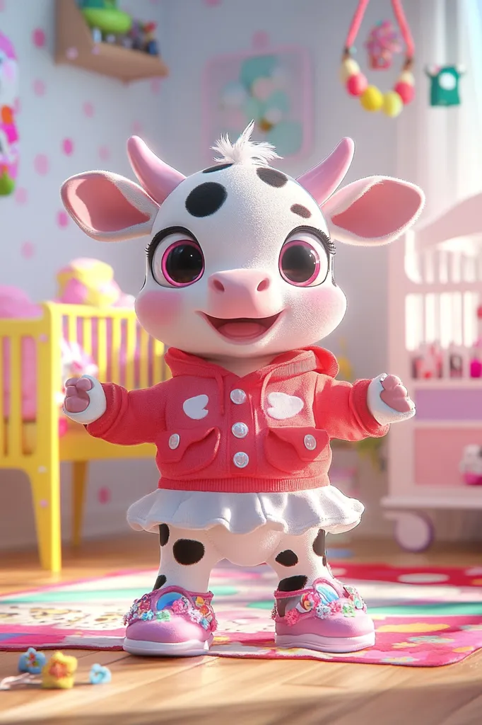 An adorable, cartoonish calf stands in a brightly lit nursery.  It's dressed in a coral pink hooded jacket, a white skirt with black polka dots, and sparkly pink shoes.  The calf has large, expressive pink eyes and a cheerful expression. The background features a yellow crib and colorful baby toys, creating a playful and charming scene.