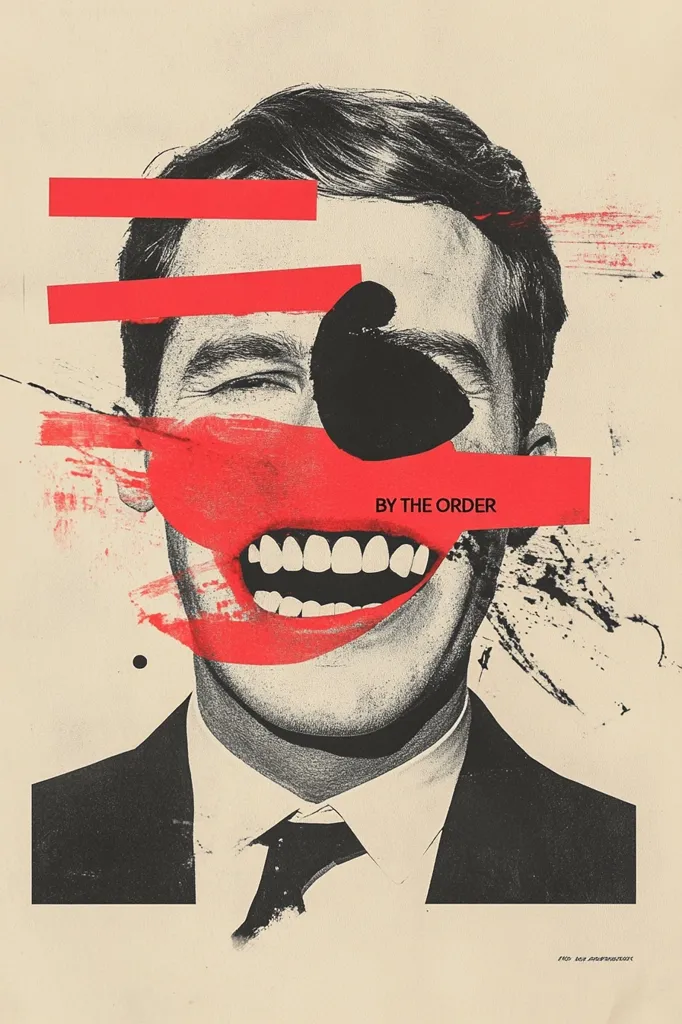 A stylized portrait of a man in a suit, his face partially obscured by bold red and black abstract elements.  The man's wide, toothy grin is emphasized by vibrant red paint strokes. The phrase "BY THE ORDER" is prominently displayed, adding a layer of intrigue to the piece's overall message. The artwork combines photorealistic elements with abstract expressionism creating a striking visual contrast.