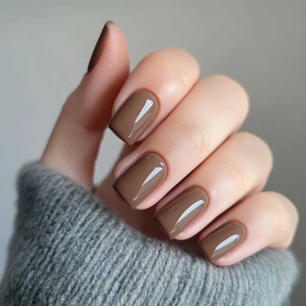 A close-up showcases a hand adorned with a chic manicure.  Each nail is painted with a glossy, medium-brown nail polish, creating a sophisticated and minimalist look. The nails are short and square-shaped. The hand rests gently on a soft, grey knitted fabric, enhancing the overall autumnal aesthetic.  The image highlights the rich color and smooth finish of the nail polish.