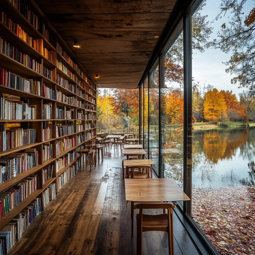 A tranquil library features floor-to-ceiling bookshelves filled with countless volumes. Large windows offer breathtaking views of a serene autumnal landscape, reflecting in a calm lake.  Simple wooden tables and chairs are scattered throughout, creating a peaceful atmosphere perfect for reading and contemplation.  The warm lighting and rustic wood flooring enhance the inviting ambiance.