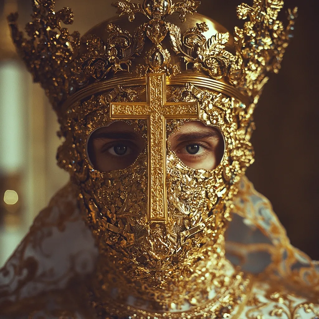 A close-up reveals a person adorned in a magnificent golden mask and crown.  Intricate detailing covers the mask, featuring a prominent cross at its center.  The eyes of the individual are visible through the mask's openings, adding to the dramatic intensity of the image. The opulent attire suggests royalty or a religious figure, creating a powerful and mysterious aesthetic.