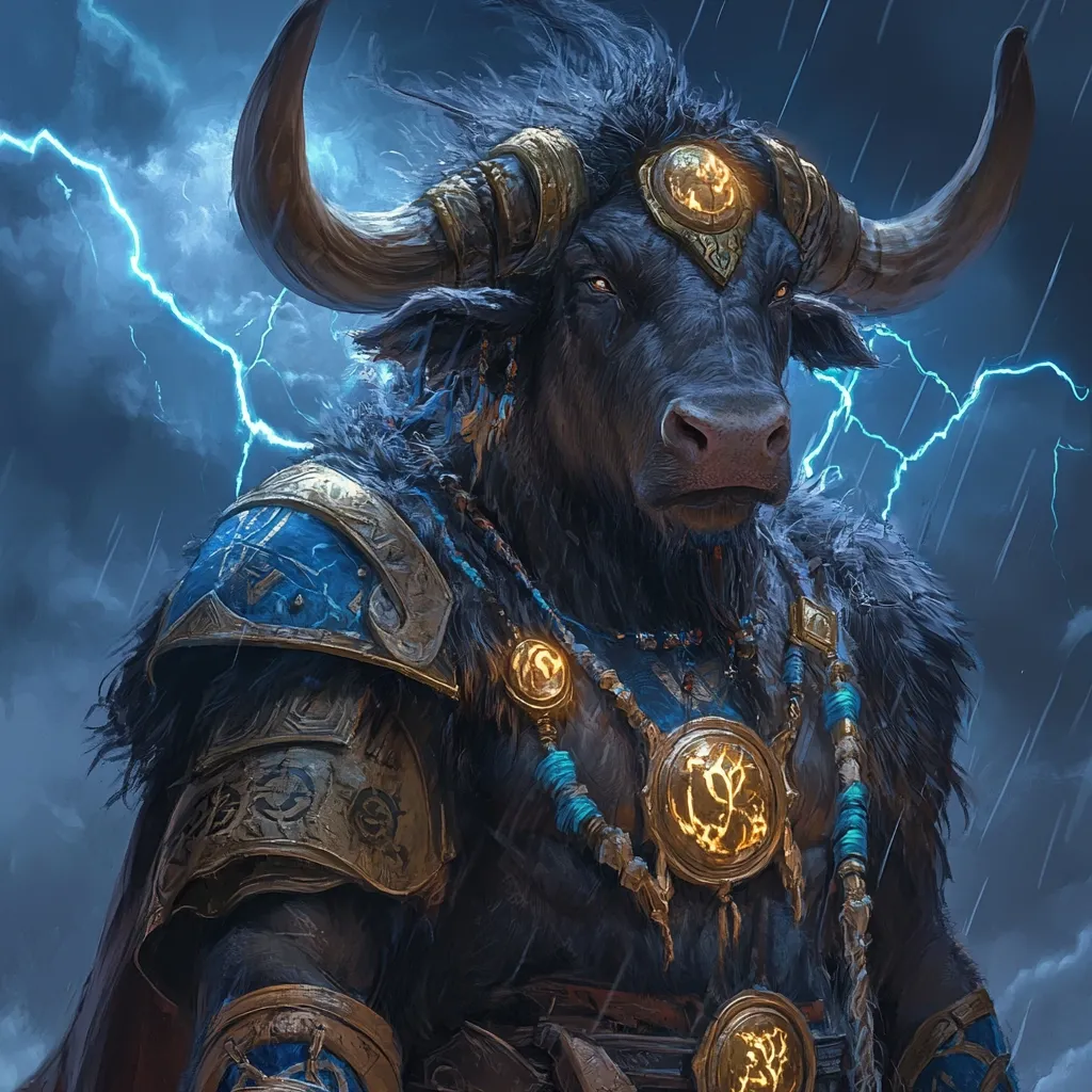 A majestic minotaur, depicted in a digital painting, stands amidst a stormy backdrop.  Rain lashes down as lightning cracks across the dark sky. The creature is adorned in elaborate gold and blue armor, intricate necklaces, and a headdress featuring a glowing central emblem.  Its powerful build and intense gaze convey strength and authority. The image is rich in detail and dramatic lighting.