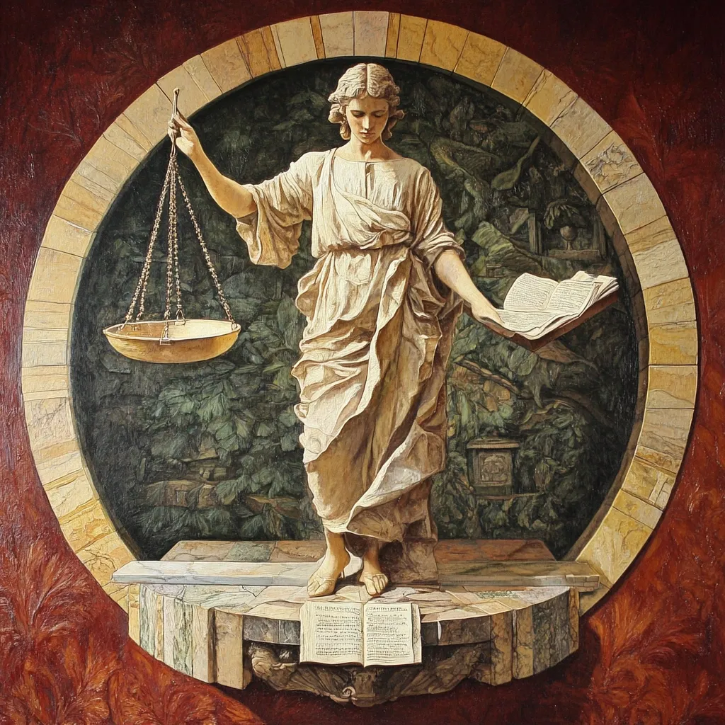 A classical-style painting depicts a serene woman, possibly representing Justice or Wisdom, standing on a pedestal within a circular frame.  She holds a scale of justice in one hand and an open book in the other, symbolizing law and knowledge. The background is a verdant, stylized landscape. The artwork's detailed rendering and muted palette create a sense of timeless elegance and contemplative authority.